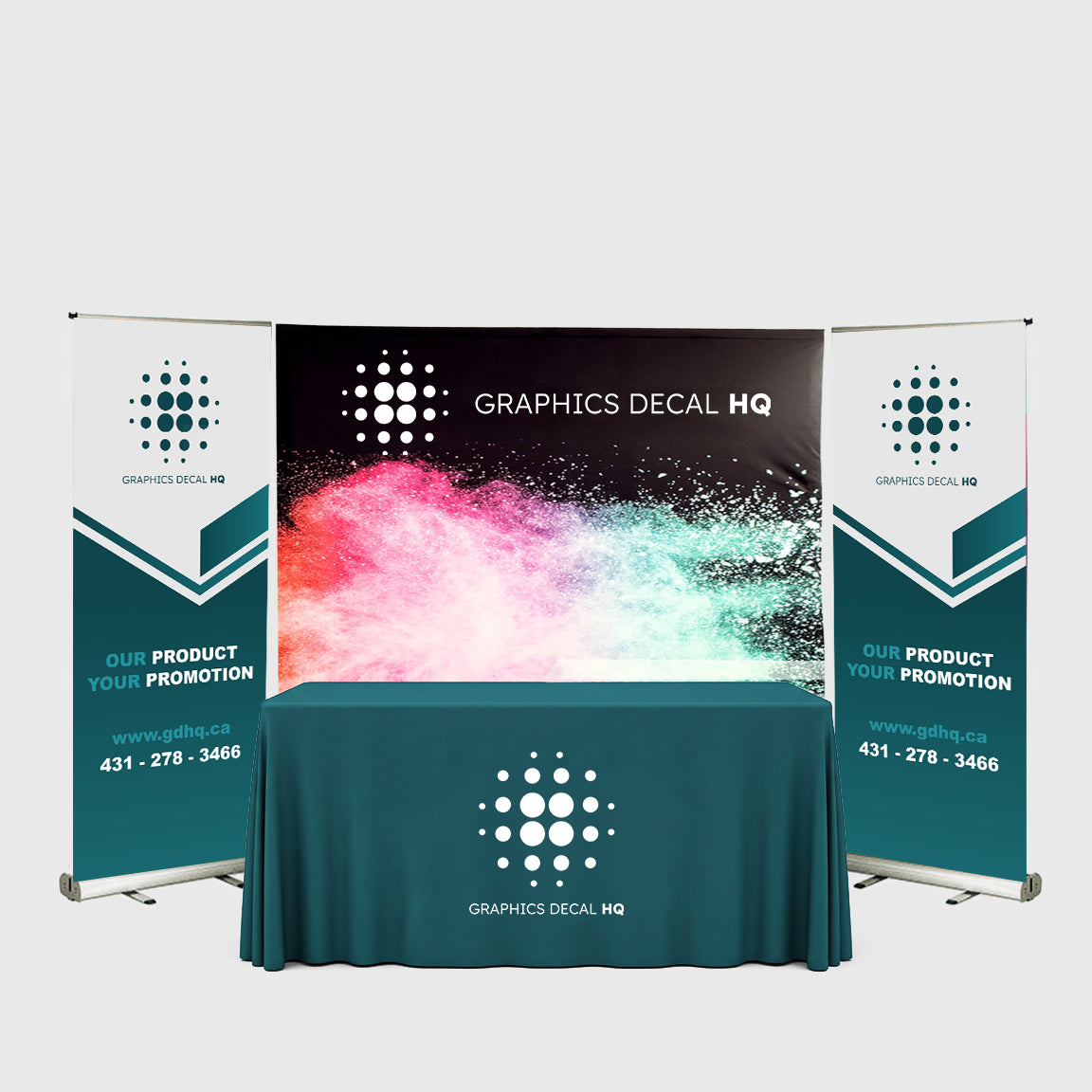 Essentials trade show booth package with branding wall and retractable banners.